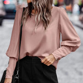 Blouse Lantern Sleeve Button Closure Round Neck Spring Blouse